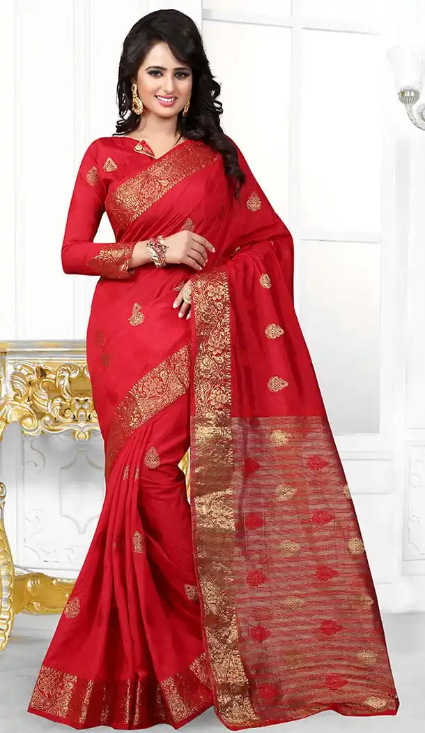 Banarasi Silk Fabric Red Color Casual Wear Sarees with Blouse | FH456671444