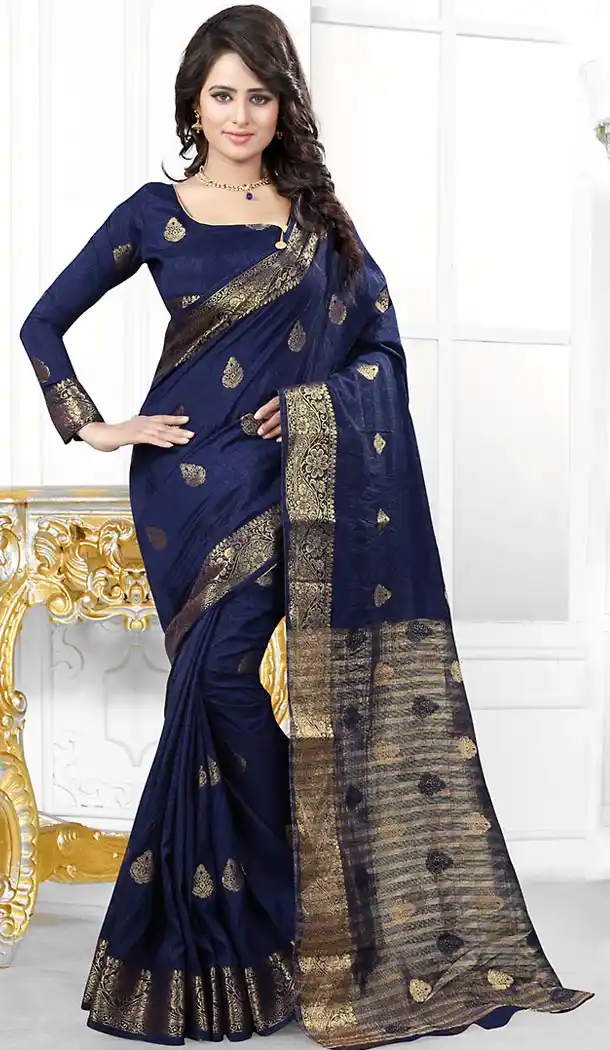 Banarasi Silk Fabric Navy Blue Color Casual Wear Sarees with Blouse | FH456671445