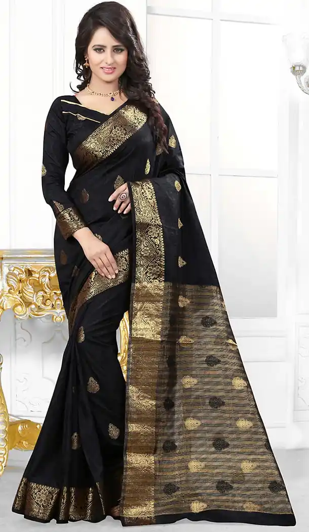 Banarasi Silk Fabric Black Color Casual Wear Sarees with Blouse | FH456671447