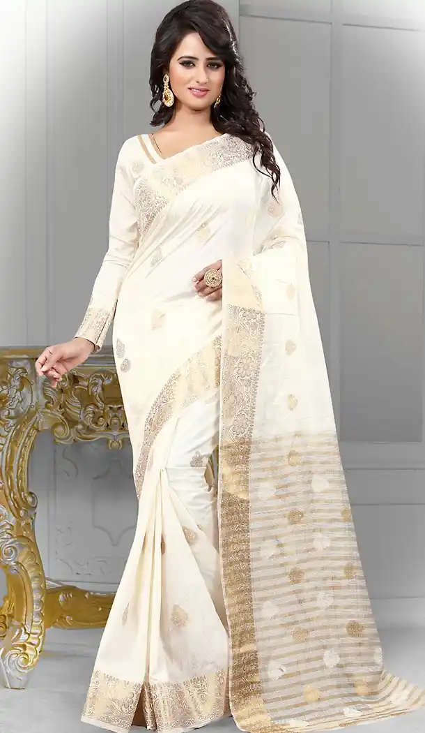 Banarasi Silk Fabric Off White Color Casual Wear Sarees with Blouse | FH456671448