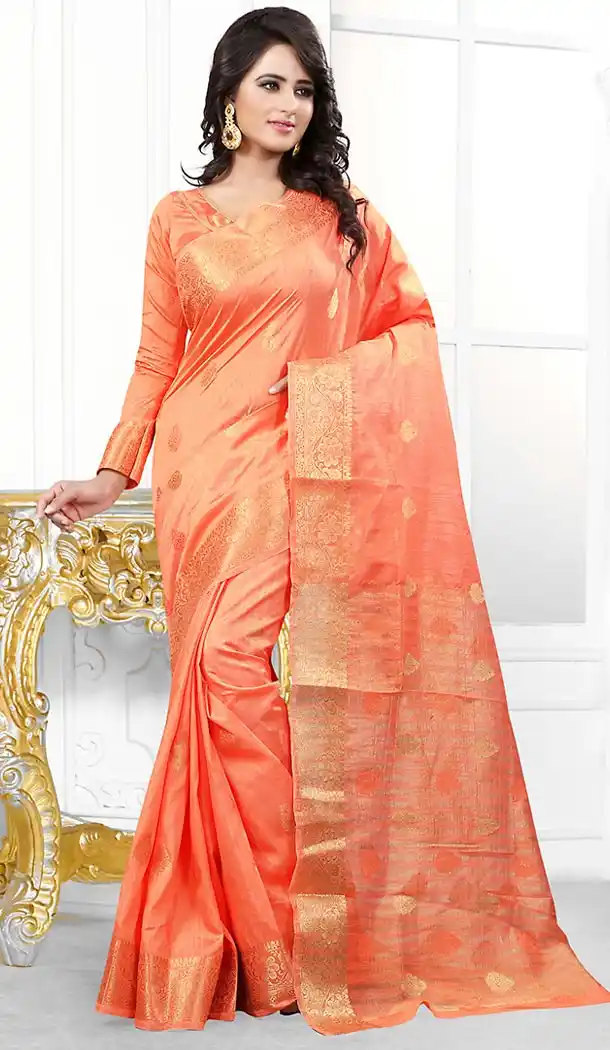 Banarasi Silk Fabric Coral Color Casual Wear Sarees with Blouse | FH456671449