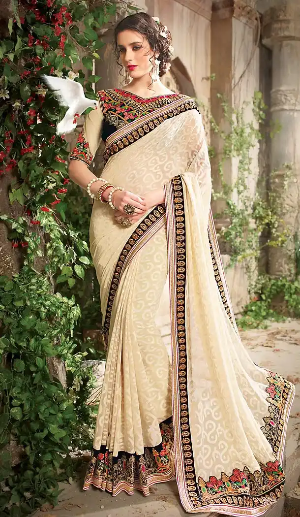 Brasso Fabric Beige Color Traditional Wear Sarees with Blouse | FH456771455
