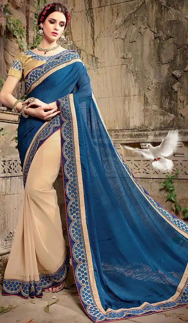 Georgette Fabric Steel Blue Color Traditional Wear Sarees with Blouse | FH456771457