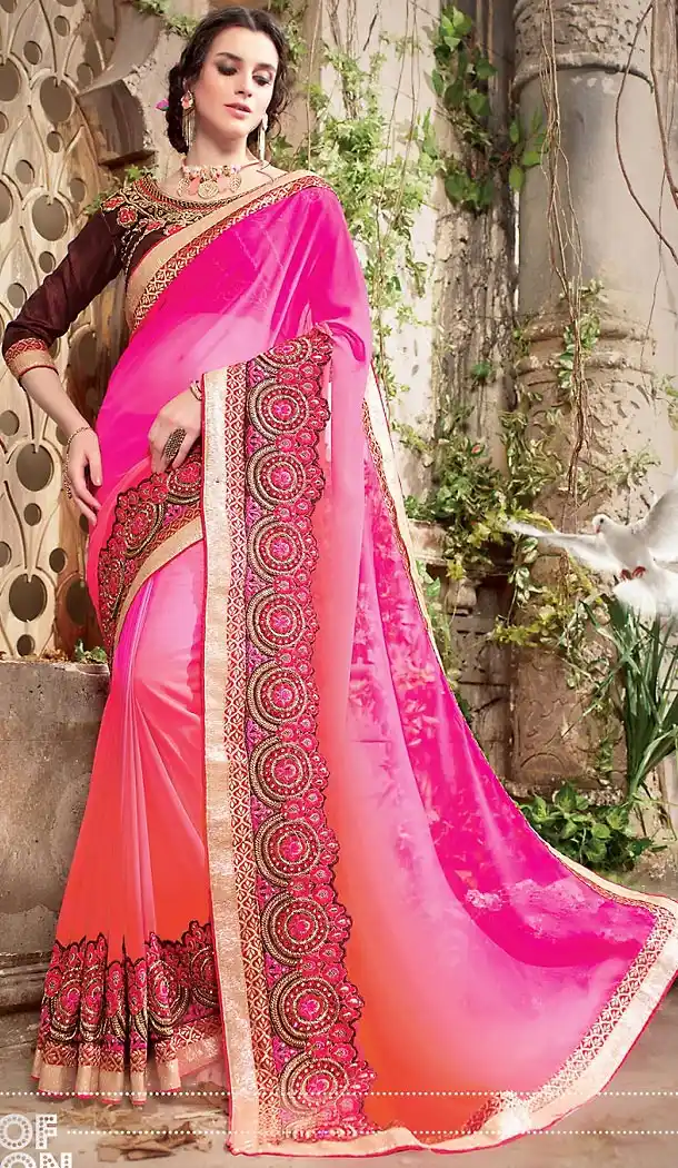 Georgette Fabric Deep Pink Color Traditional Wear Sarees with Blouse | FH456771460