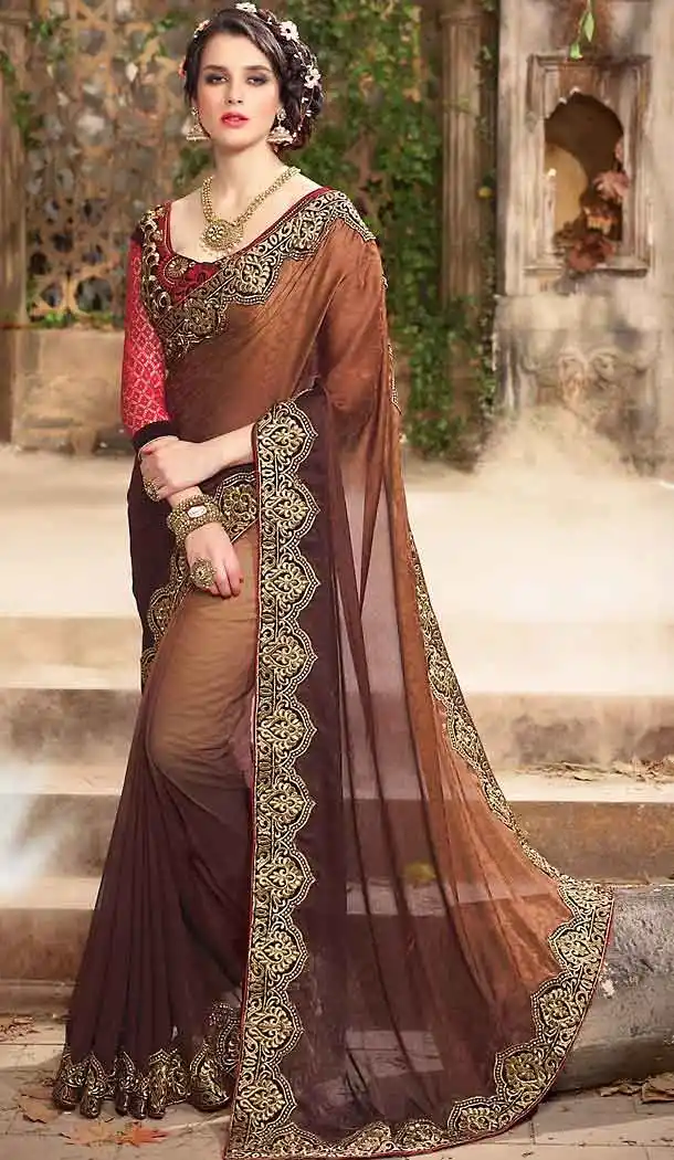 Georgette Fabric Brown Color Traditional Wear Sarees with Blouse | FH456771463
