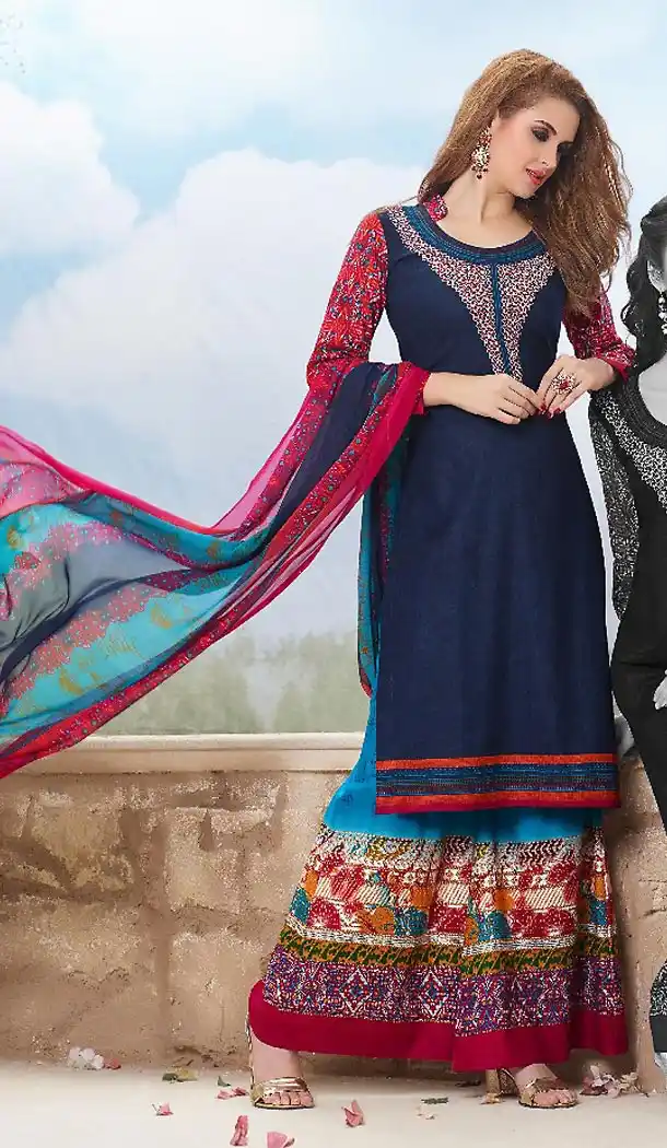 Navy Blue Color Simple Cotton Stitched Palazzo Dresses‎ with Dupatta | FH456871469