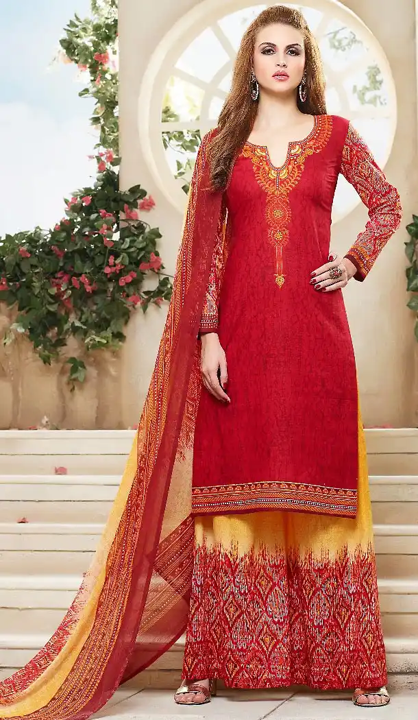 Red Color Simple Cotton Stitched Palazzo Dresses‎ with Dupatta | FH456871471