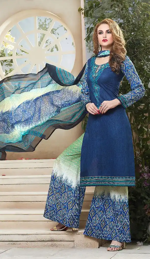 Navy Blue Color Simple Cotton Stitched Palazzo Dresses‎ with Dupatta | FH456871472