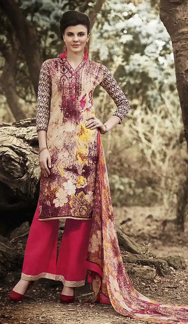 Beige Color Simple Printed Cotton Stitched Palazzo Dresses‎ with Dupatta | FH456971506