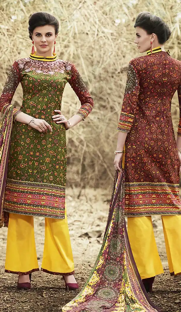 Mehendi Green Color Simple Printed Cotton Stitched Palazzo Dresses‎ with Dupatta | FH456971509