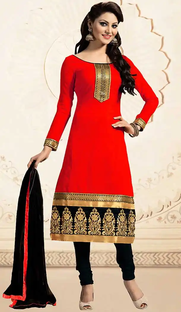 Deep Scarlet Color Chanderi Silk Straight Cut Churidar Kameez with Dupatta | FH457071478