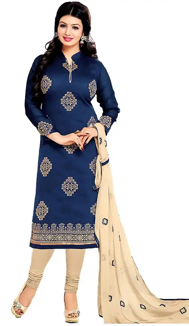 Chanderi Silk Fabric Straight Cut Churidar Suit in Navy Blue Color | FH457671576