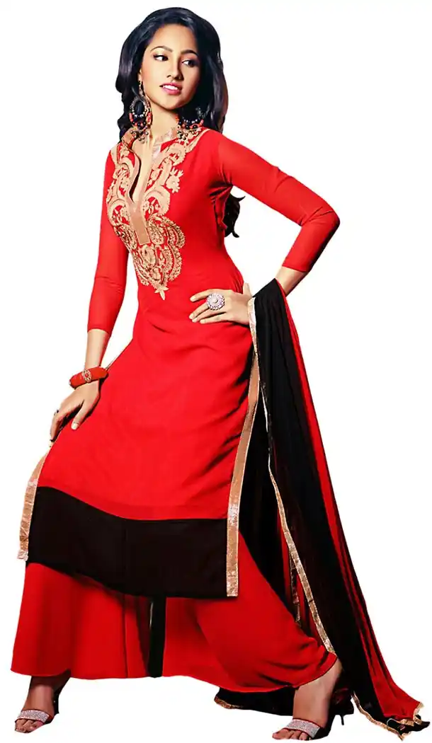Georgette Fabric Straight Cut Churidar Suit in Deep Scarlet Color | FH457671583