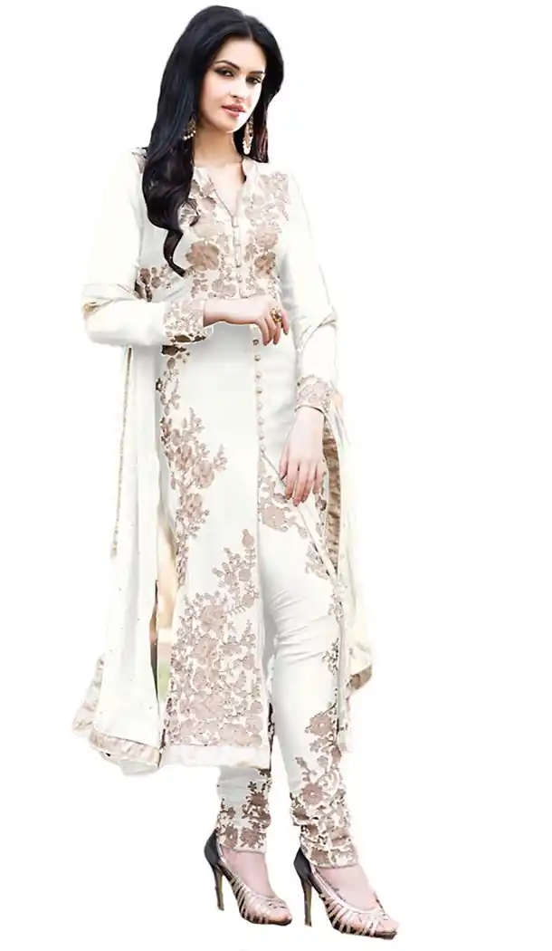 White Color Georgette Fabric Achkan Narrow Pants Dress with Dupatta | FH457771587