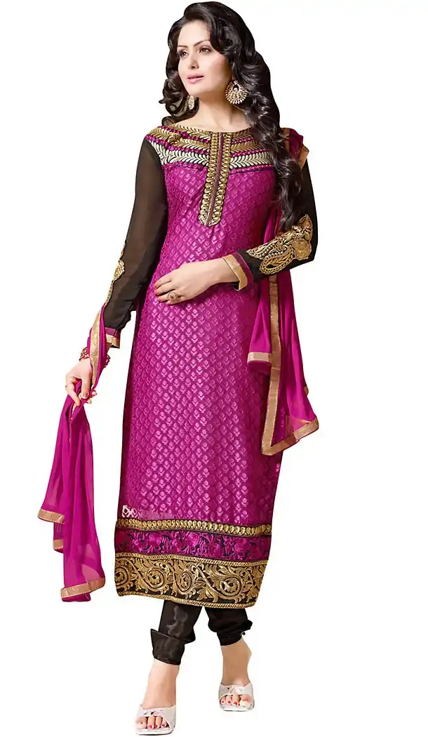 Deep Pink Color Brasso Fabric Straight Cut Churidar Suit with Dupatta | FH457771589