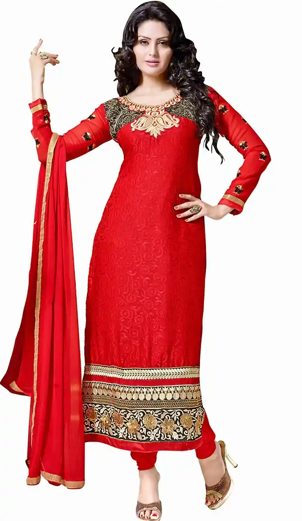 Red Color Brasso Fabric Straight Cut Churidar Suit with Dupatta | FH457771592
