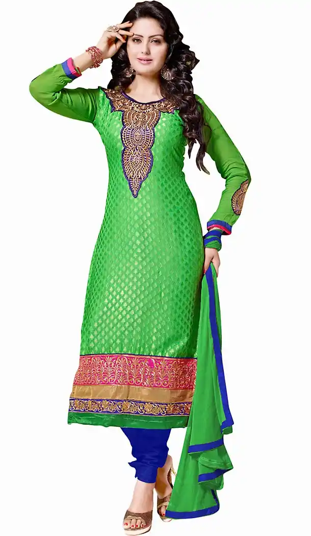 Lime Green Color Brasso Fabric Straight Cut Churidar Suit with Dupatta | FH457771593