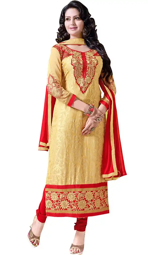 Beige Color Brasso Fabric Straight Cut Churidar Suit with Dupatta | FH457771594
