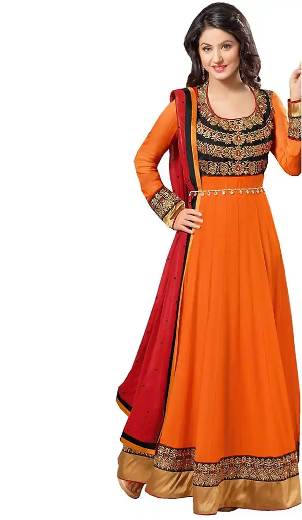 Orange Color Georgette Fabric Long Anarkali Churidar Suit with Dupatta | FH457771598
