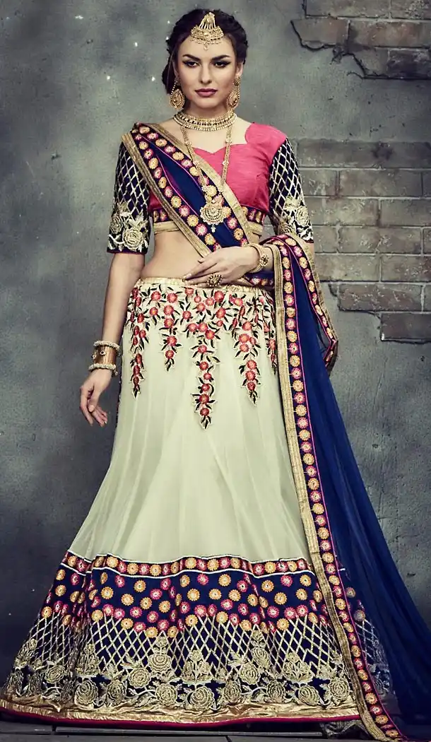 Net Fabric A Line Style Lehenga Choli in Cream Color | FH457871601