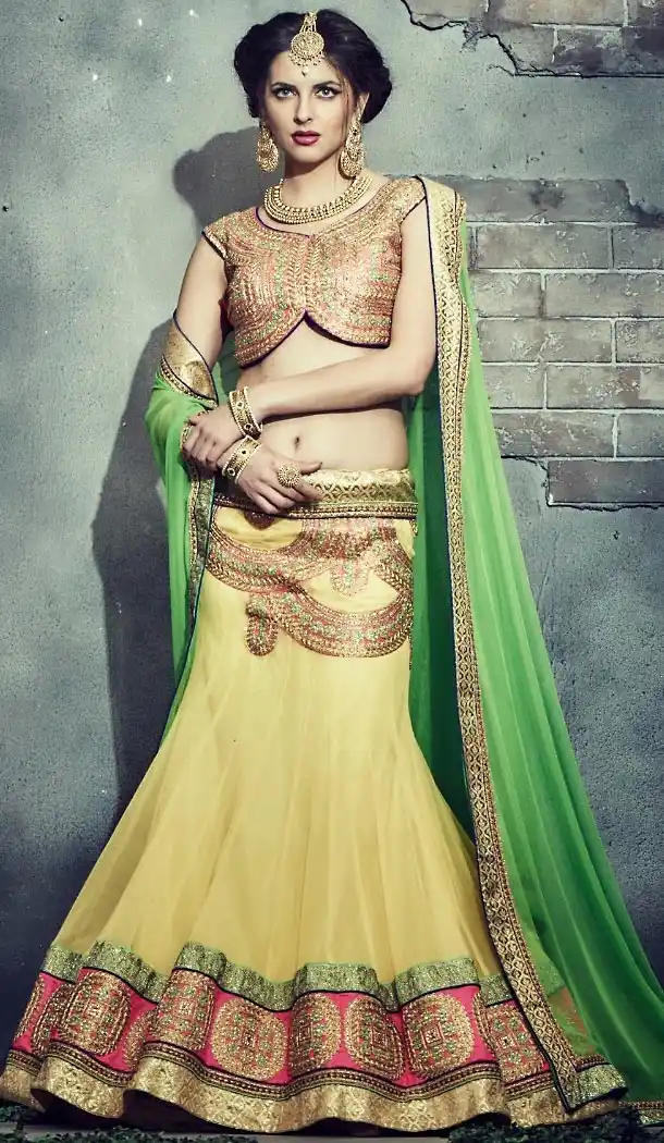 Net Fabric A Line Style Lehenga Choli in Beige Color | FH457871603