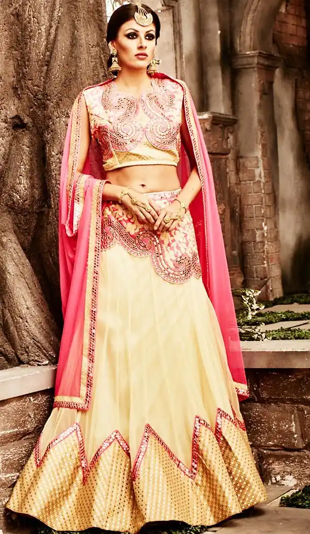 Net Fabric A Line Style Lehenga Choli in Beige Color | FH457871606