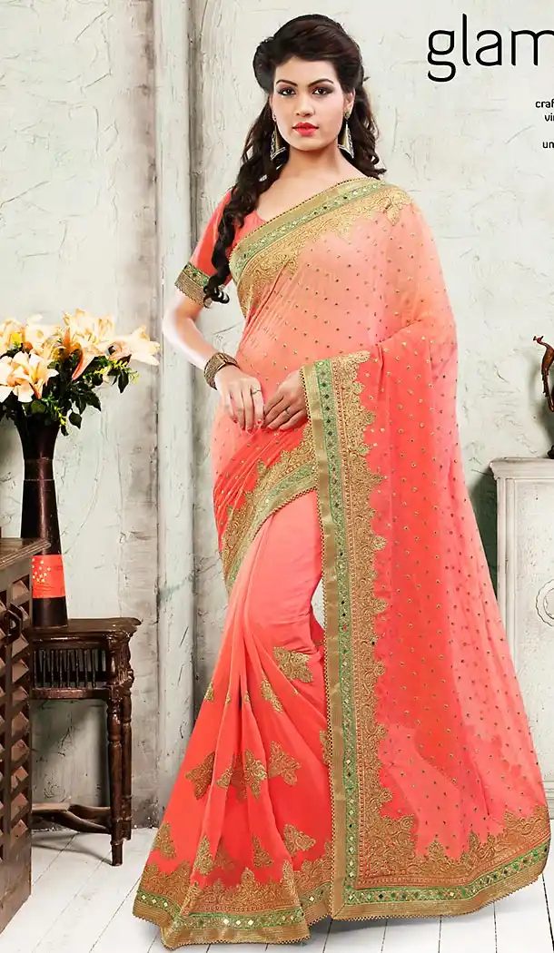 Salmon Color Chiffon Embroidered Saree Blouse | FH458471668