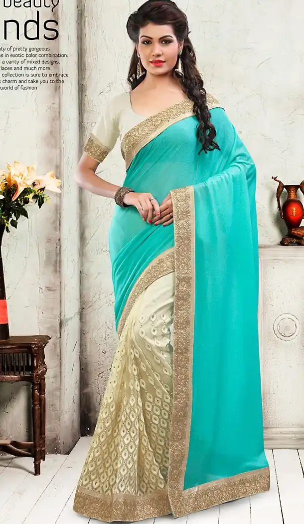 Turquoise Color Net Embroidered Saree Blouse | FH458471671