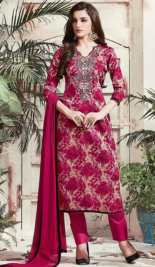 Magenta Color Cotton Straight Cut Dress Narrow Pant Suit with Dupatta | FH458771706