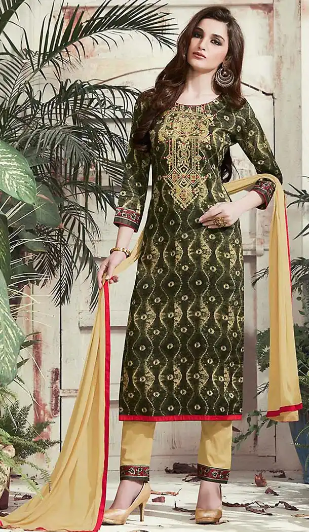 Mehendi Green Color Cotton Straight Cut Dress Narrow Pant Suit with Dupatta | FH458771707