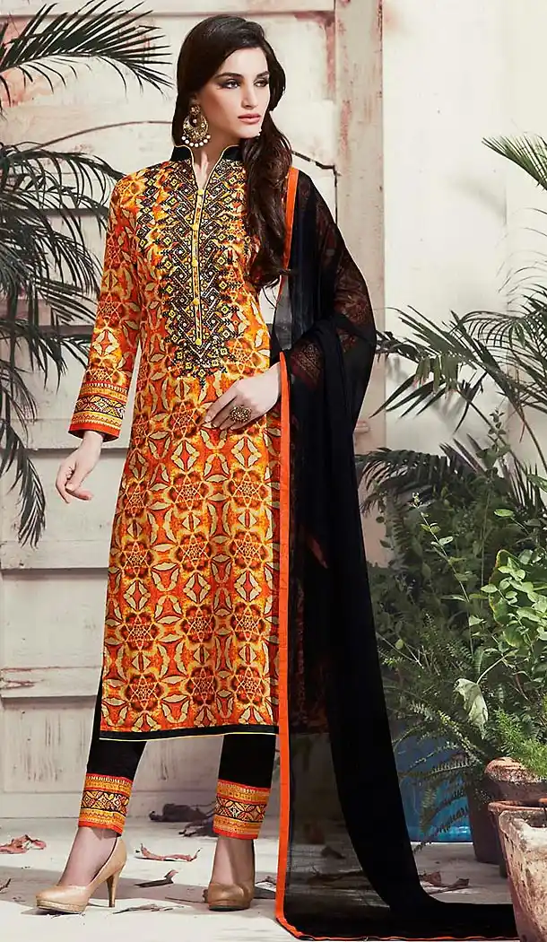 Orange Color Cotton Straight Cut Dress Narrow Pant Suit with Dupatta | FH458771708