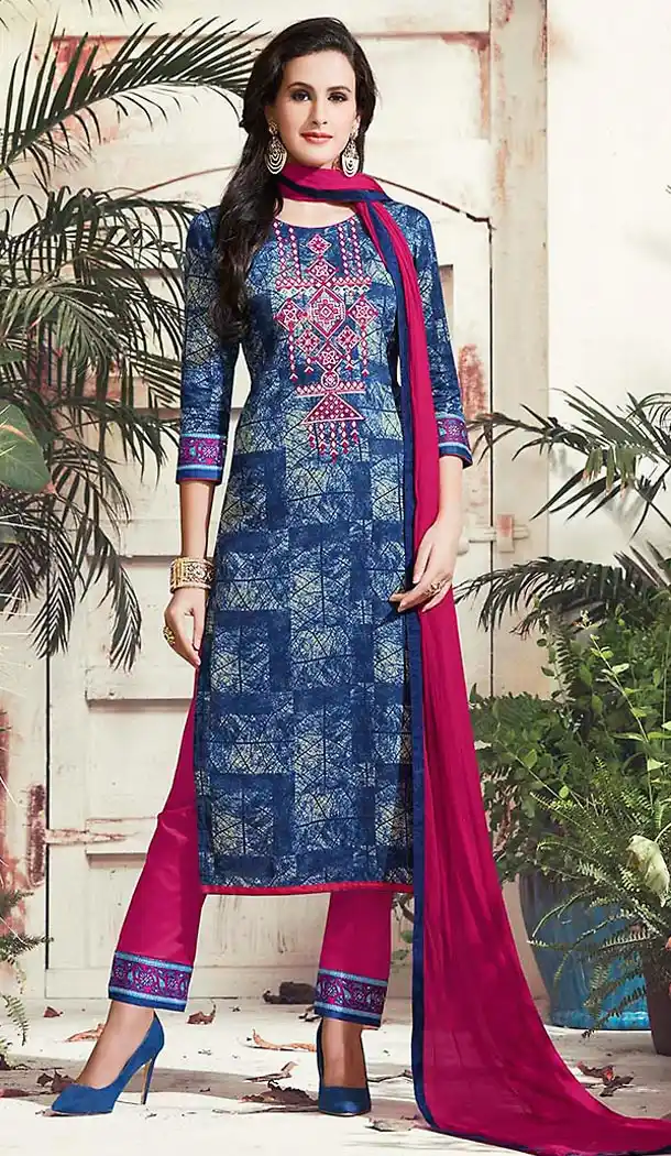 Navy Blue Color Cotton Straight Cut Dress Narrow Pant Suit with Dupatta | FH458771711
