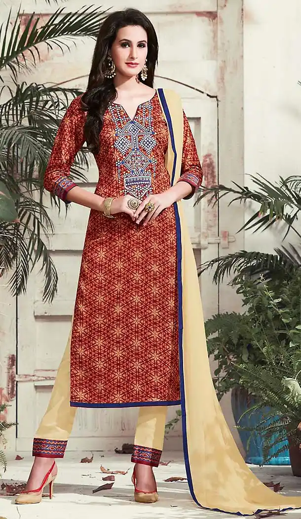 Brown Color Cotton Straight Cut Dress Narrow Pant Suit with Dupatta | FH458771713