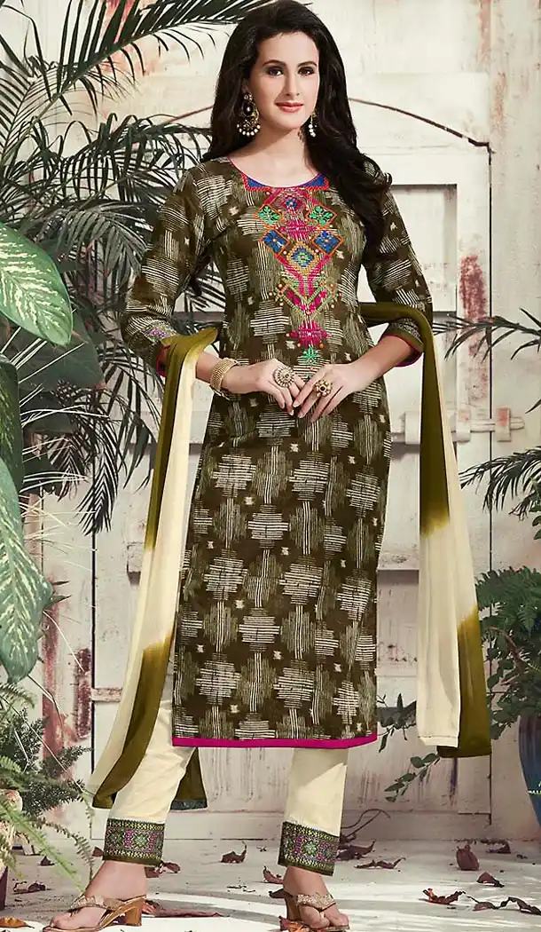 Mehendi Green Color Cotton Straight Cut Dress Narrow Pant Suit with Dupatta | FH458771714