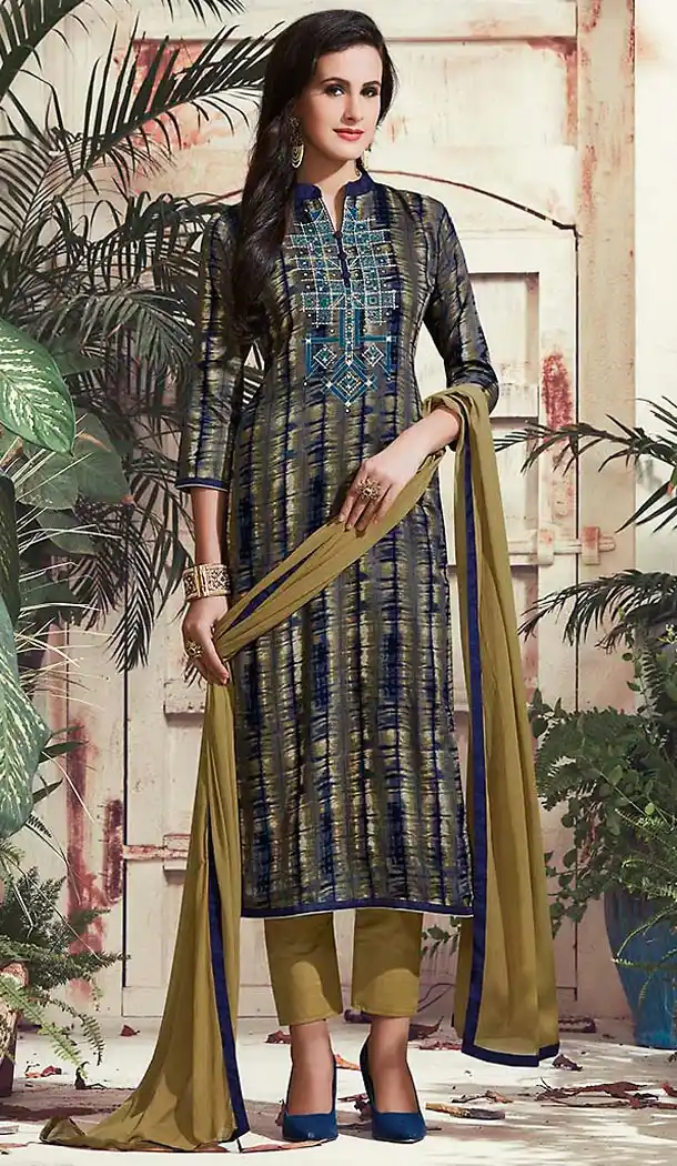 Navy Blue Color Cotton Straight Cut Dress Narrow Pant Suit with Dupatta | FH458771715