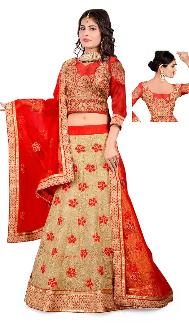 Tan Brown Color Net Fabric Circular Style Designer Readymade Lehengas Choli | FH458871719