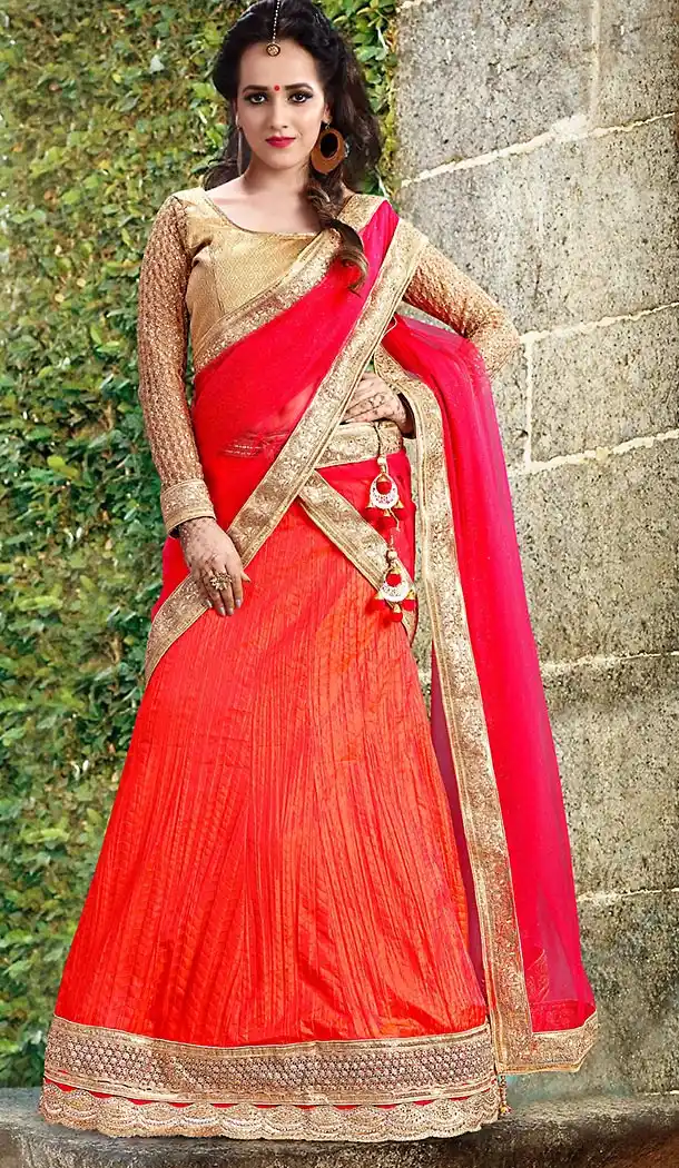 Red Color Tussar Silk A Line Style Readymade Lehenga Choli | FH458971726