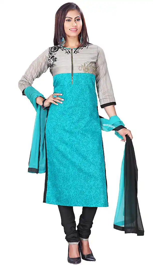 Turquoise Color Kora Silk Straight Cut Readymade Churidar Suit | FH459171739
