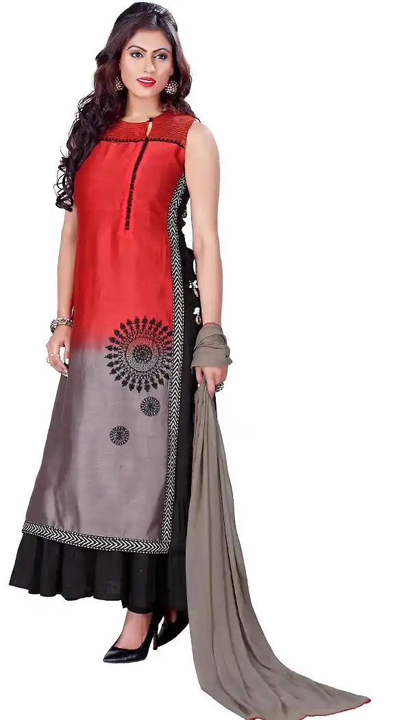 Deep Scarlet Color Kora Silk Straight Cut Readymade Churidar Suit | FH459171746