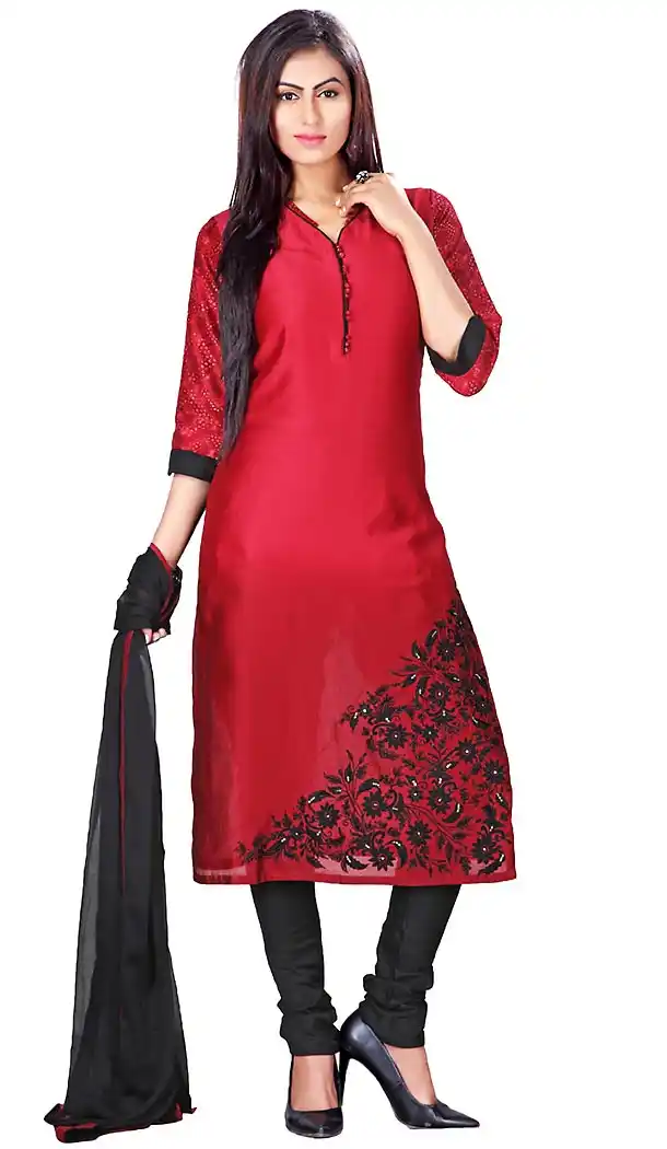 Red Color Kora Silk Straight Cut Readymade Churidar Kameez | FH459271750