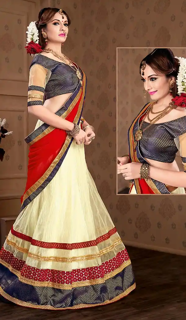 Cream Color Net A Line Style Stitched Lehenga Choli | FH459471781