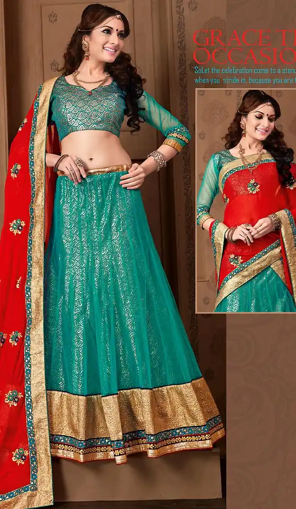 Emerald Color Net A Line Style Stitched Lehenga Choli | FH459471782