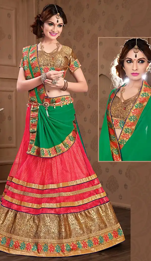 Deep Pink Color Net A Line Style Stitched Lehenga Choli | FH459471785