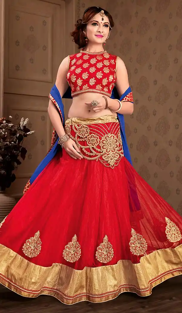 Crimson Color Net Circular Style Stitched Lehenga Choli | FH459471786