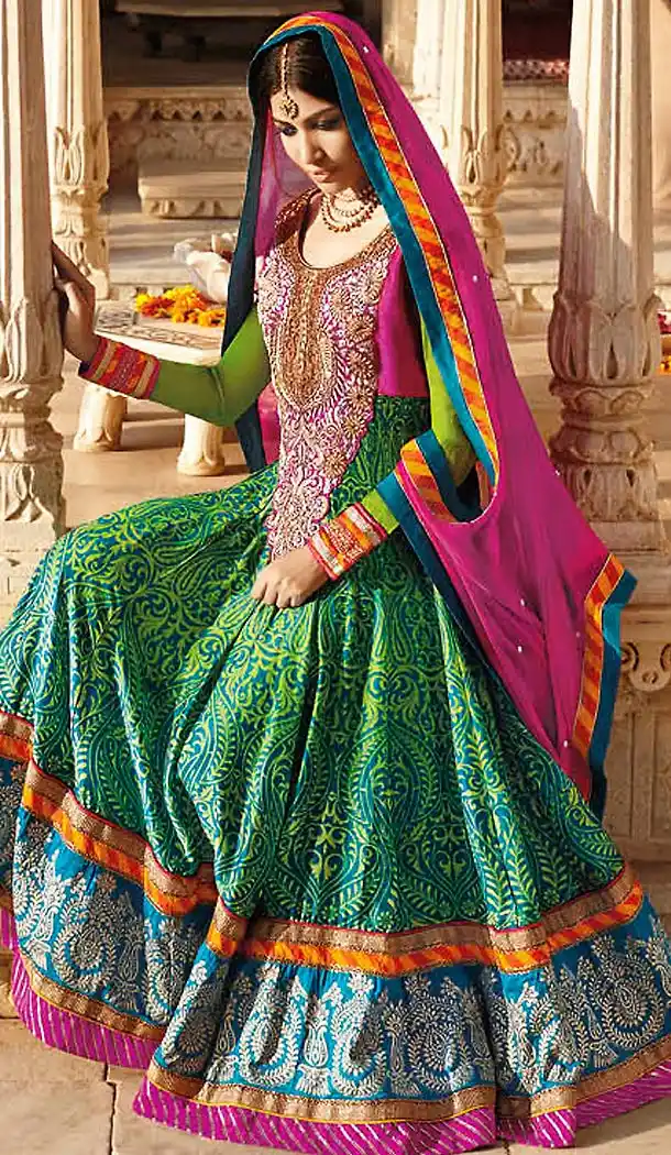 Green Color Chanderi Silk Long Anarkali Stitched Churidar Suit with Dupatta | FH459571788