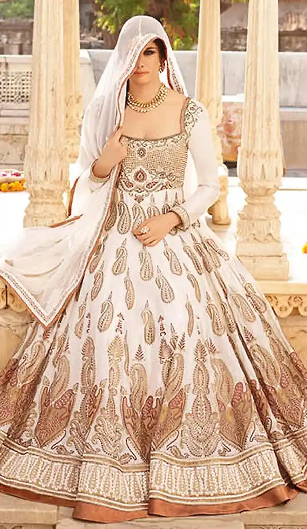 Off White Color Chanderi Silk Long Anarkali Stitched Churidar Suit with Dupatta | FH459571789