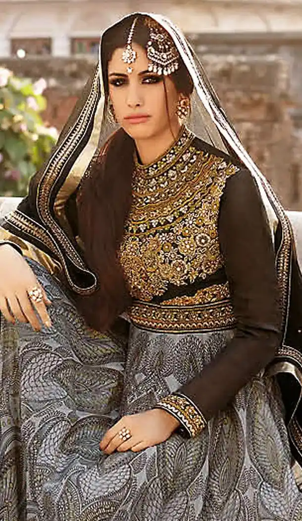 Dove Color Chanderi Silk Long Anarkali Stitched Churidar Suit with Dupatta | FH459571790