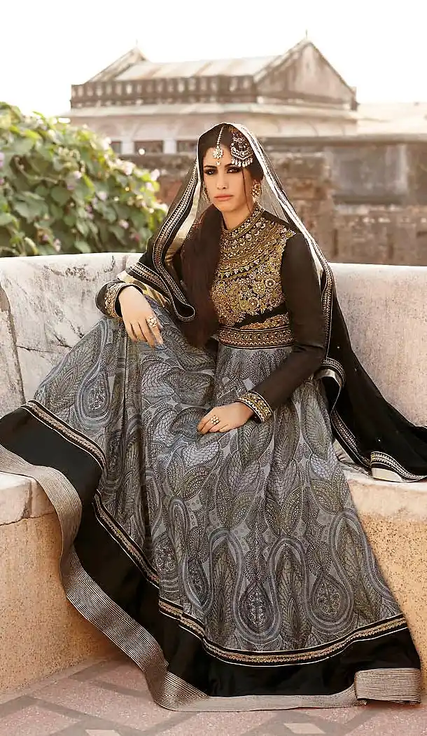 Dove Color Chanderi Silk Long Anarkali Stitched Churidar Suit with Dupatta | FH459571790