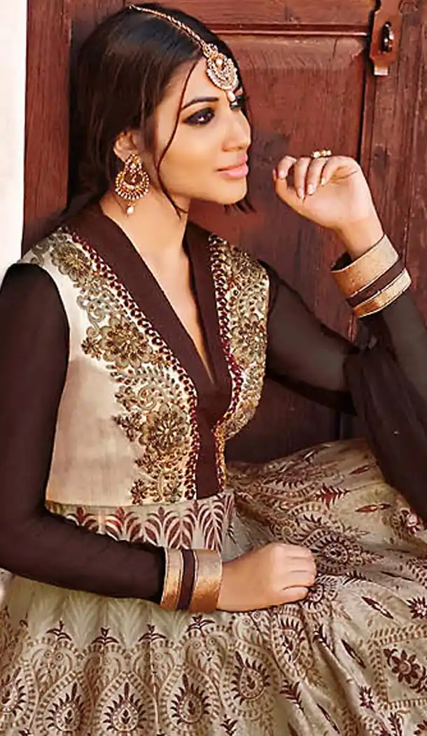 Tan Brown Color Chanderi Silk Long Anarkali Stitched Churidar Suit with Dupatta | FH459571791 