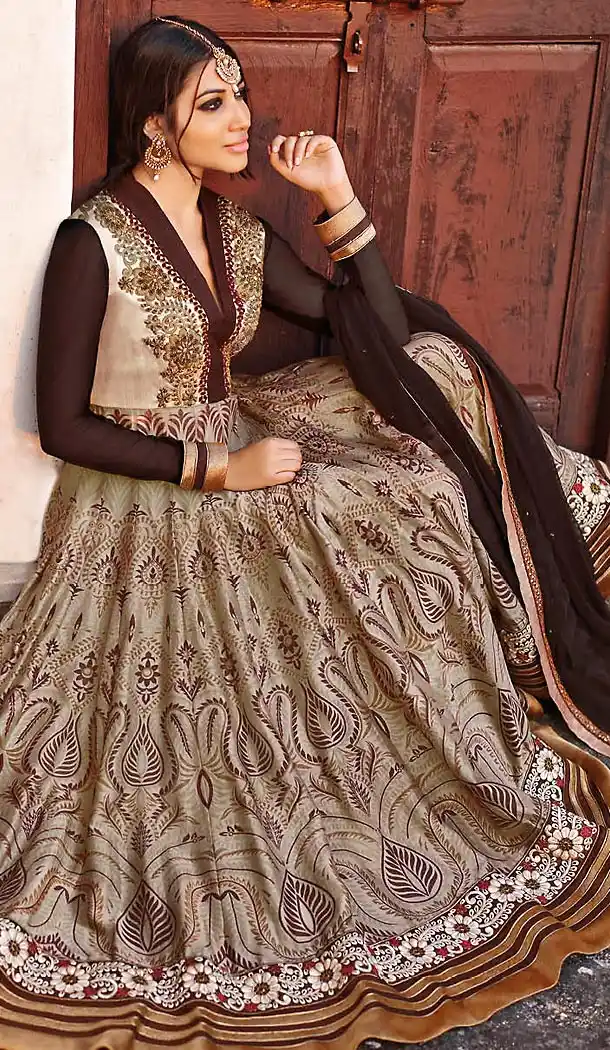 Tan Brown Color Chanderi Silk Long Anarkali Stitched Churidar Suit with Dupatta | FH459571791 